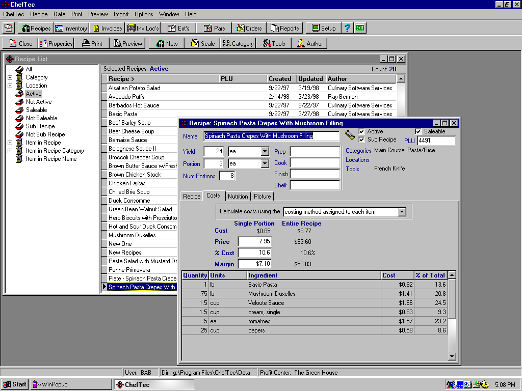 Cheftec Software - Showing a Recipe Cost