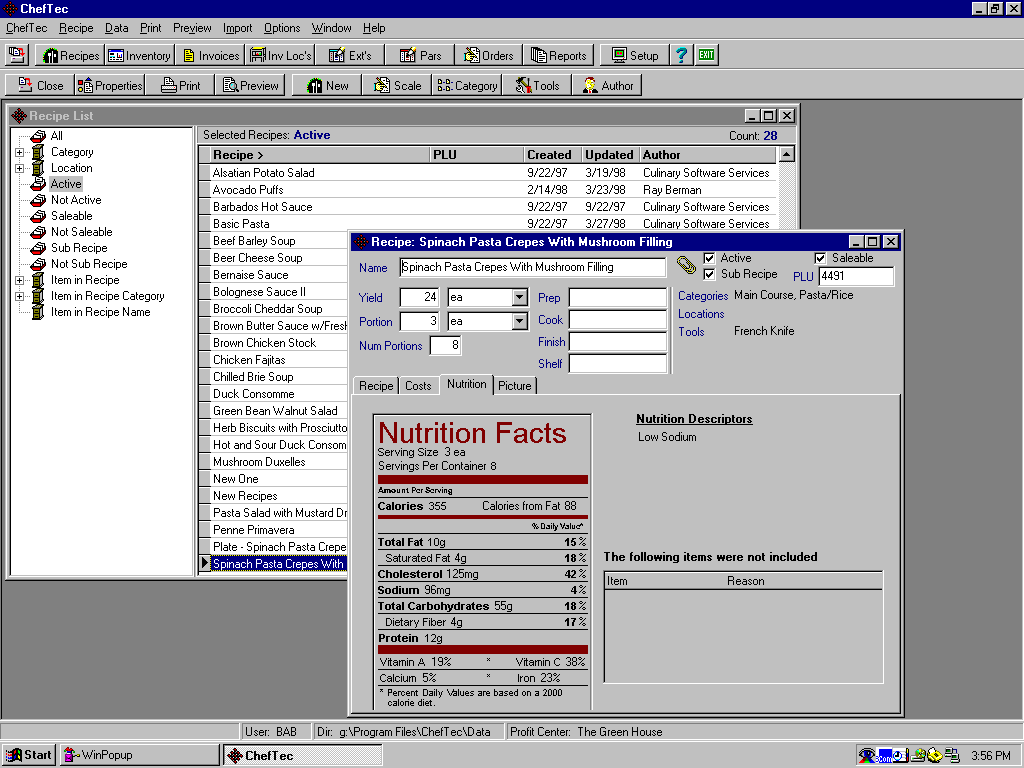 Cheftec Software - Nutritional Analysis of a Recipe