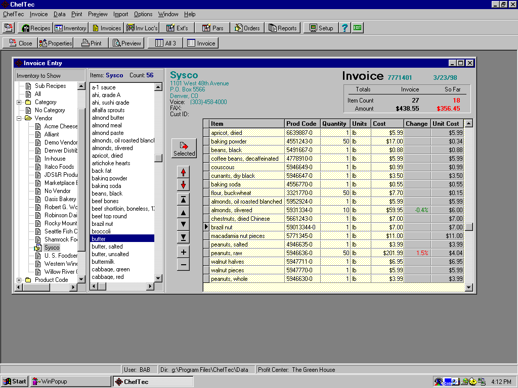 Cheftec Software - Showing an Invoice